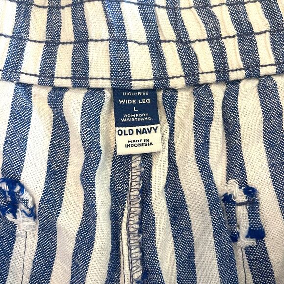 Old Navy Linen Blend Wide Leg Pull On Pants Sz L Navy Blue Striped Coastal Vacay - Picture 4 of 8
